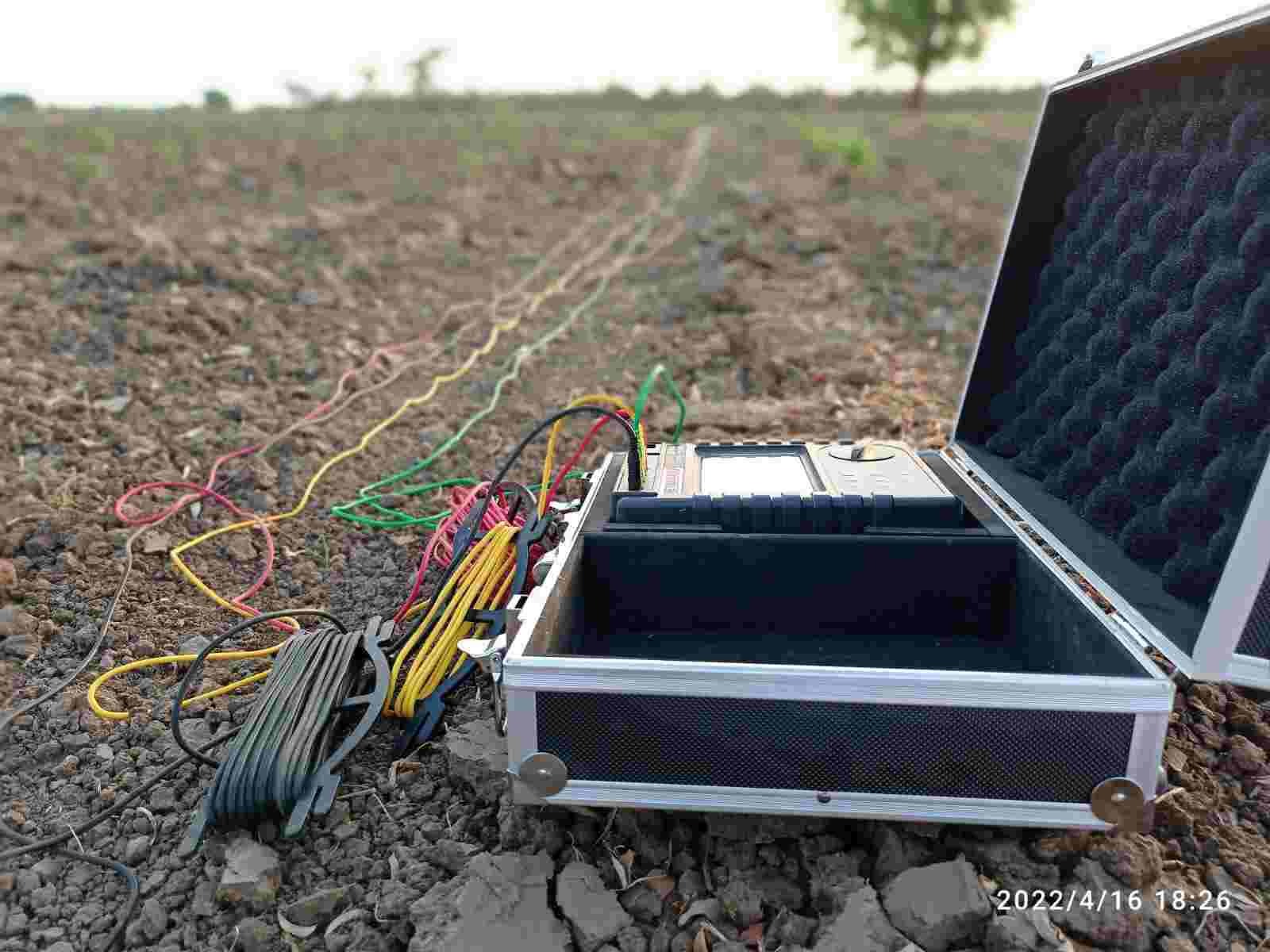 Geotechnical equipment case with testing cables during civil field work